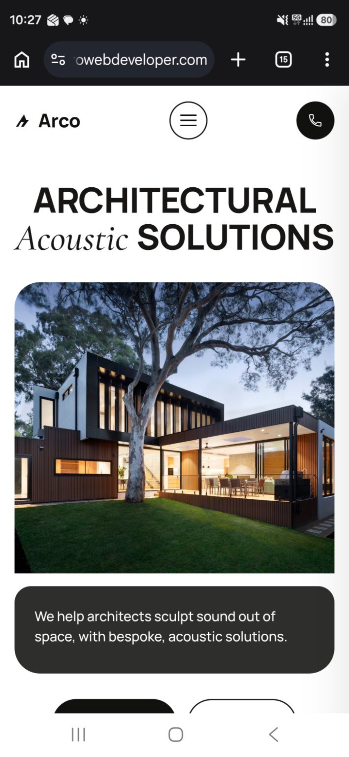 ARCO architectural acoustic solutions website, homepage on mobile