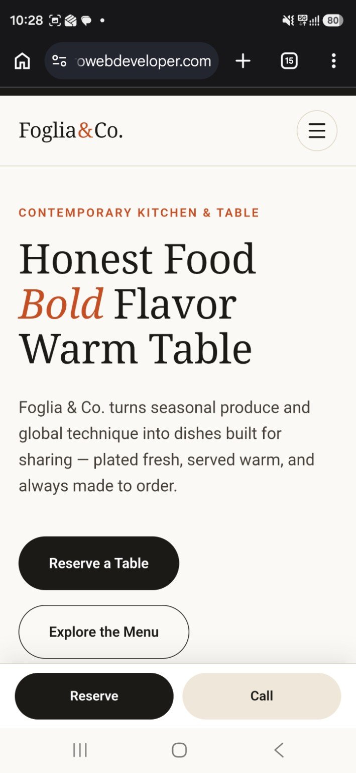 Foglia and Co. restaurant website, homepage on mobile