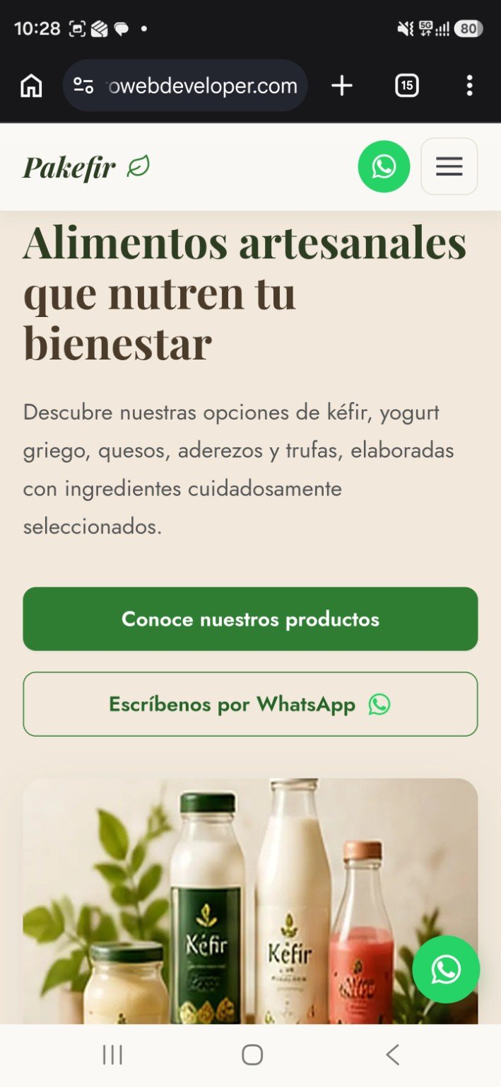 Pakefir artisanal food and wellness website, homepage on mobile